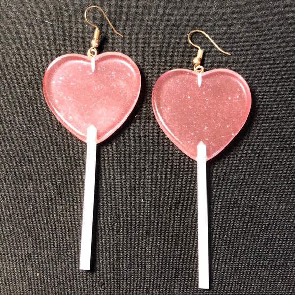 Translucent Pink Glitter Heart ‘Lollipop’ Look Dangle Earrings - Picture 1 of 4